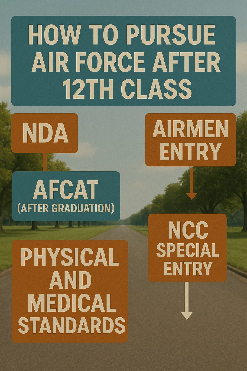 Infographic showing how to join the Indian Air Force after 12th class through NDA, Airmen Entry, NCC Special Entry, and AFCAT after graduation, along with required physical and medical standards.