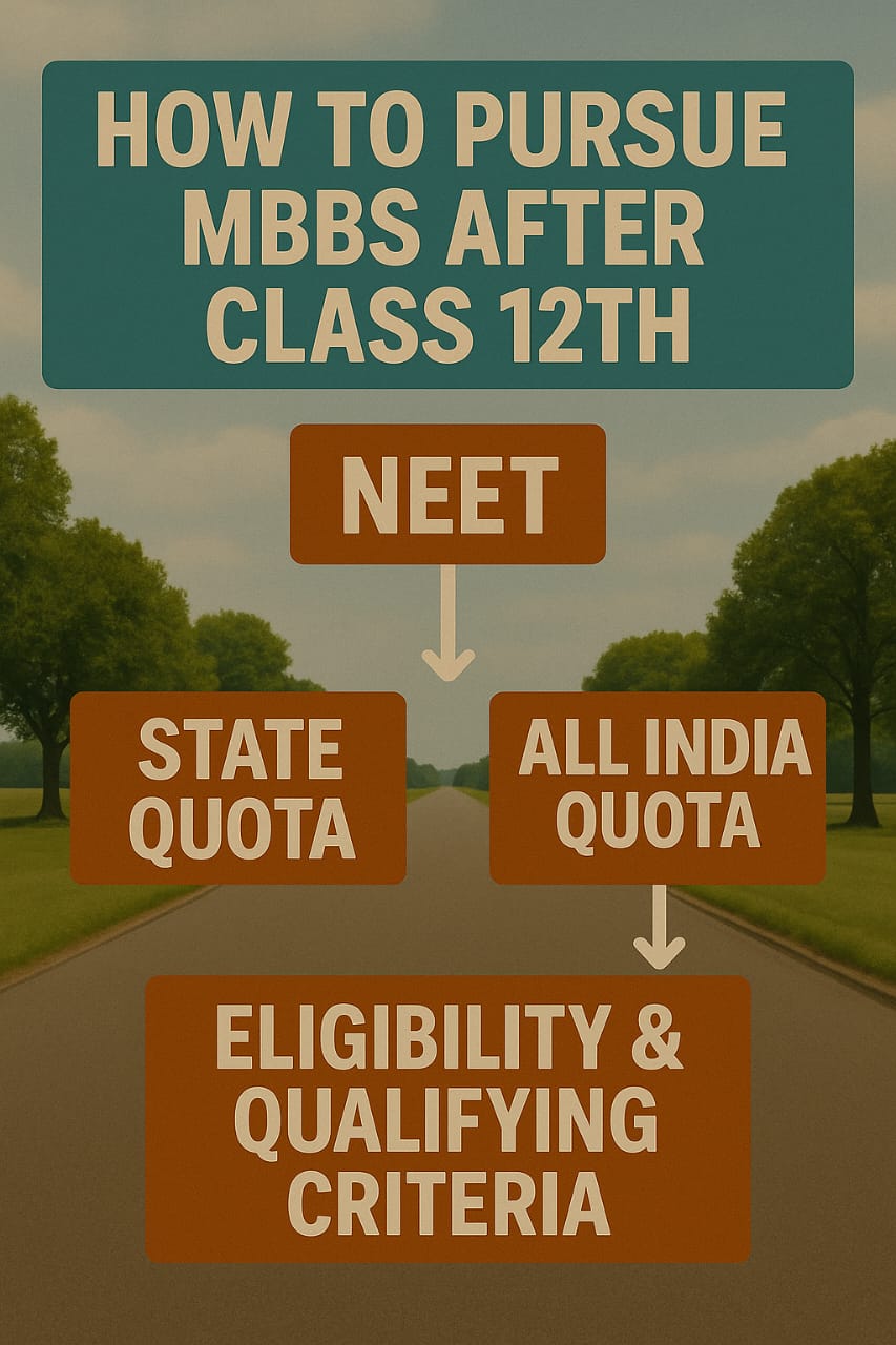 Infographic showing how to pursue MBBS after Class 12th through NEET, including State Quota, All India Quota, and eligibility criteria.